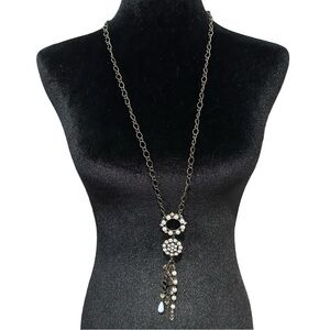 Plunder Tassel Necklace Black Faux Pearl Rhinestone Heart Long Length 32 Inch Le